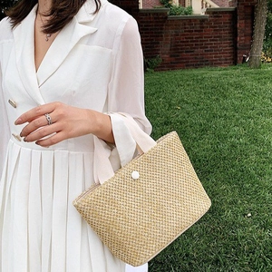 Straw woven handbag for women summer beach vacation with button detail and top handles