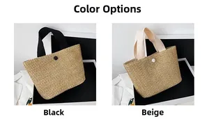 Detail view of woven straw handbags in black and beige with modern circular buckle closure