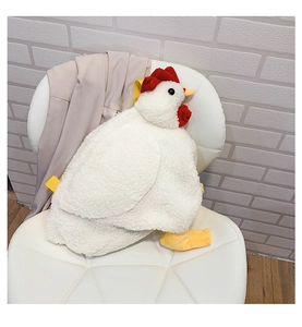 Detail of white plush chicken bag featuring red crest and soft faux wool texture