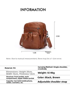 Detailed size chart and specifications for the brown PU leather multi-pocket crossbody bag