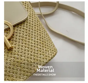 Close-up of woven straw fabric with cream leather flap and gold metal clasp