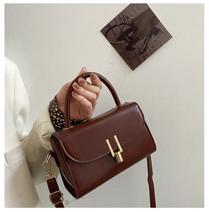 Detail of elegant dark brown vintage crossbody bag with gold metallic lock buckle