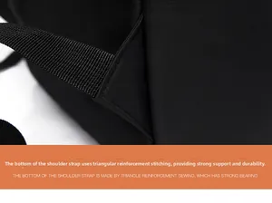 Detail of triangle reinforced stitching on black nylon shoulder strap for durability