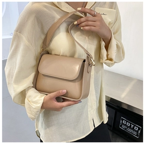 Close-up of beige leather baguette bag featuring a magnetic flap and golden hardware