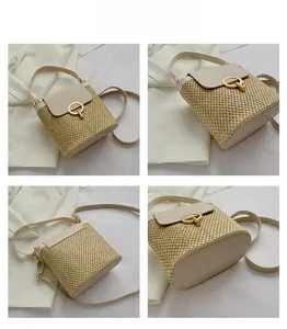 Detailed views of a straw bucket bag with white leather trim and gold twist lock