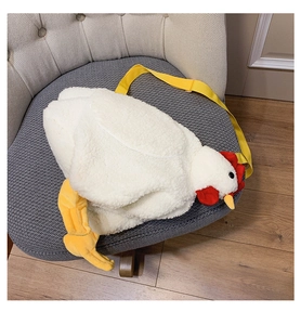 Detail of cute white plush chicken crossbody bag with yellow straps and soft fake fur texture