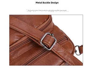 Detailed macro view of adjustable silver metal buckle on brown vintage leather bag