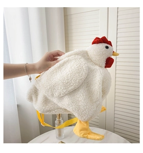 Detail view of a fluffy white plush chicken backpack with yellow straps and soft fur texture