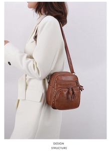 Side view of a vintage brown multi-pocket crossbody bag worn by a model in soft PU leather