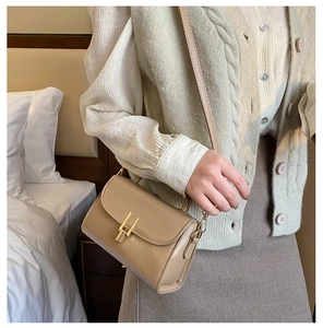 Close-up of beige vintage flap crossbody bag featuring a unique golden geometric buckle