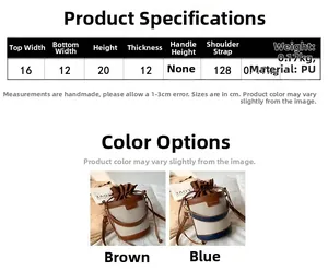Size chart showing bucket bag dimensions in brown and blue colors with PU leather details