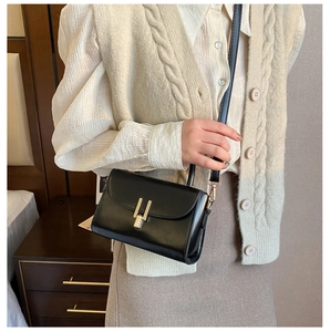 Detailed close-up of a black rectangular crossbody bag with a sleek gold metal buckle
