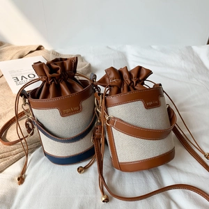 Niche Design Stitched Color Block PU Bucket Bag For Women Vintage Sweet Drawstring Shoulder Crossbody Bag Daily Versatile Top Handle Bag