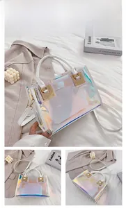Detailed macro view of laser colorful transparent PVC tote bag with white inner pouch