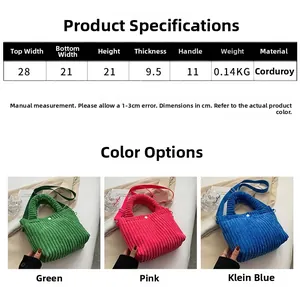 Detailed size specifications and color guide for corduroy bucket handbag