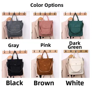 Corduroy tote bag in six colors including grey, pink, green, black, brown, and white