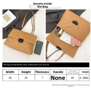 Size chart and details of khaki chevron quilted crossbody bag with metal chain strap