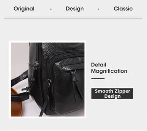 Detail view of the smooth black metal zipper design on the lychee pattern leather backpack
