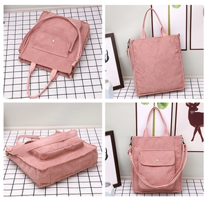 Detailed views of pink corduroy tote bag showing front pocket and adjustable strap