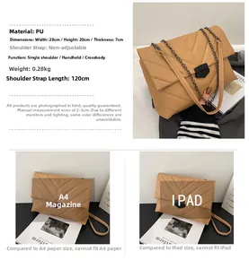 Detailed size comparison of the camel quilted PU crossbody bag with dimensions 28x20x7cm