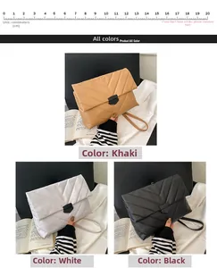 Close-up of V-shaped quilted PU leather crossbody bags in khaki, white and black colors