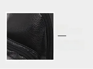 Close-up of black lychee grain faux leather texture and smooth nylon zipper on the backpack