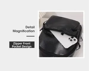 Detail of the zippered front pocket on a black pebble leather backpack with smartphone