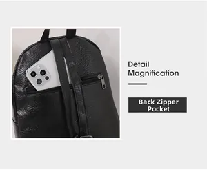 Detail view of the back zipper pocket on a black faux leather backpack for storage