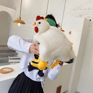 Cute white plush chicken shoulder bag with soft fleece texture and yellow straps