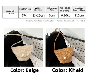 Size guide for handmade straw bucket bags with beige and khaki color options
