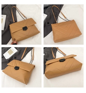 Detailed views of a khaki quilted shoulder bag with black metal clasp and chain strap