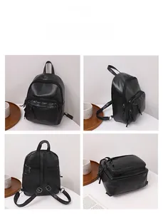 Detailed views of a black pebbled leather backpack with main compartment and front pocket