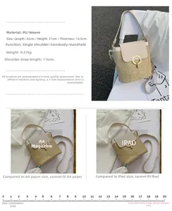Detailed size chart of the woven bucket bag with dimensions 22x21x12.5cm and strap length
