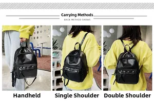 Versatile black leather mini backpack showing handbag, shoulder, and backpack carrying modes