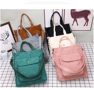 Corduroy tote bags in six colors with gold snap pocket and adjustable strap