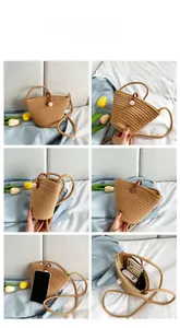 Détails du sac seau en paille tressée avec fermoir perle et bandoulière amovible
