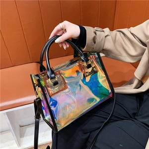 Women Holographic Laser Transparent PVC Tote Handbag Large Capacity Two-in-One Shoulder Crossbody Bag Fashion Neon Beach Purse