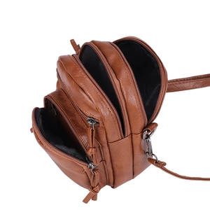 Retro brown PU leather multi-pocket shoulder bag with functional zippers for women