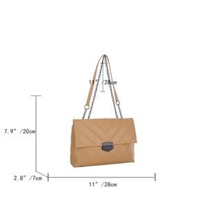 Detailed size specifications of the khaki chevron quilted chain crossbody handbag