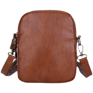 Retro brown textured leather crossbody bag with adjustable strap on white background