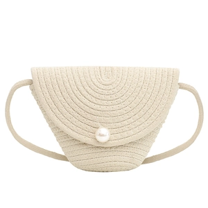 Handmade straw woven crossbody bucket bag with pearl closure for summer beach vacation