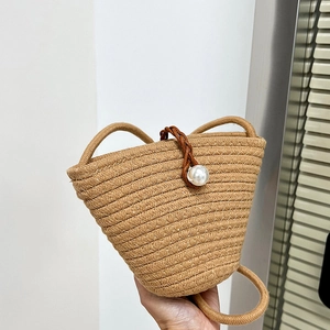 Sac Seau En Paille Tissé Pour Femmes Avec Grande Künstliche Perle Décoration Vacances D'été Sac Bandoulière Style Artisanal
