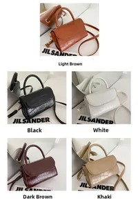 Detailed display of five crocodile pattern mini bags in brown, black, white, and khaki