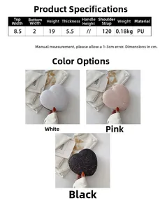 Detailed comparison of heart-shaped glitter clutch bags in white, pink, and black colors