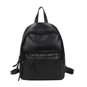 Classic black pebbled PU leather backpack with three zipped pockets for women
