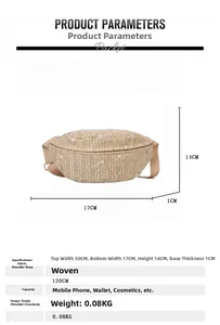 Detailed size parameters for the beige woven chest bag with floral embroidery