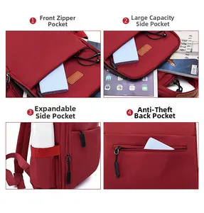 Detail of red backpack features including anti-theft back pocket and side water bottle holder