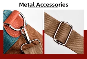Détail de la boucle en bronze et de la sangle réglable sur le sac bandoulière en toile
