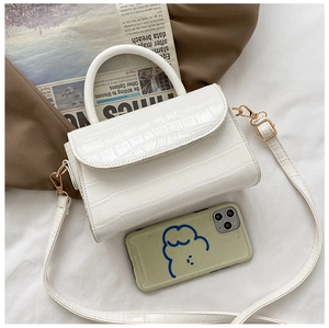 Detail view of white crocodile pattern texture with elegant gold metal buckle and handle