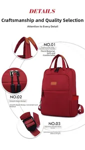 Detail view of burgundy backpack featuring padded handle, smooth zippers, and adjustable straps